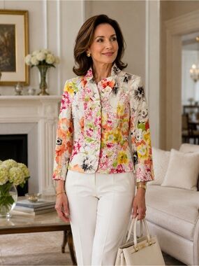 Coldwater Creek Floral Stretch Cotton Blazer Jacket Multi Color Womens Small